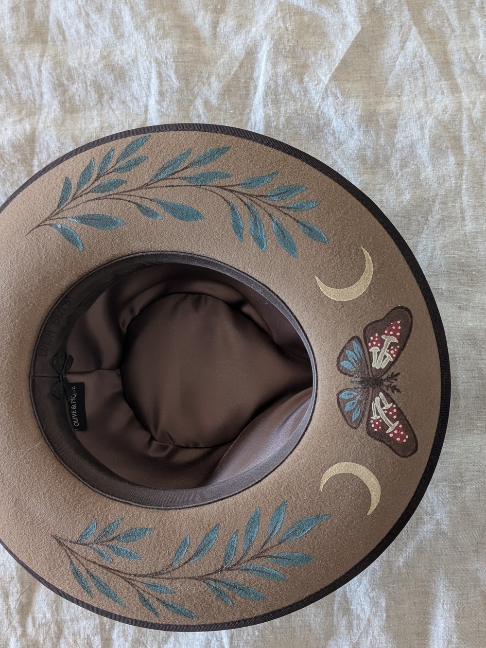Lunabloom Hand-Painted Tan Felt Hat with Moon & Moth Motif